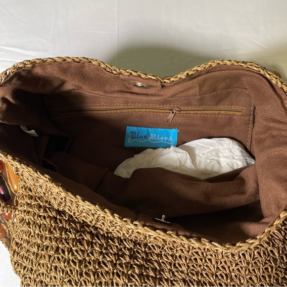 Blue Miami Macrame Straw Crochet Boho Chic Beach Shoulder Bag Faux Gemstones NEW - Picture 3 of 10